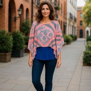 4/$24‎ Thalia Sodi Print Cold Shoulder Blue & Pink Tank Ponco Style Blouse